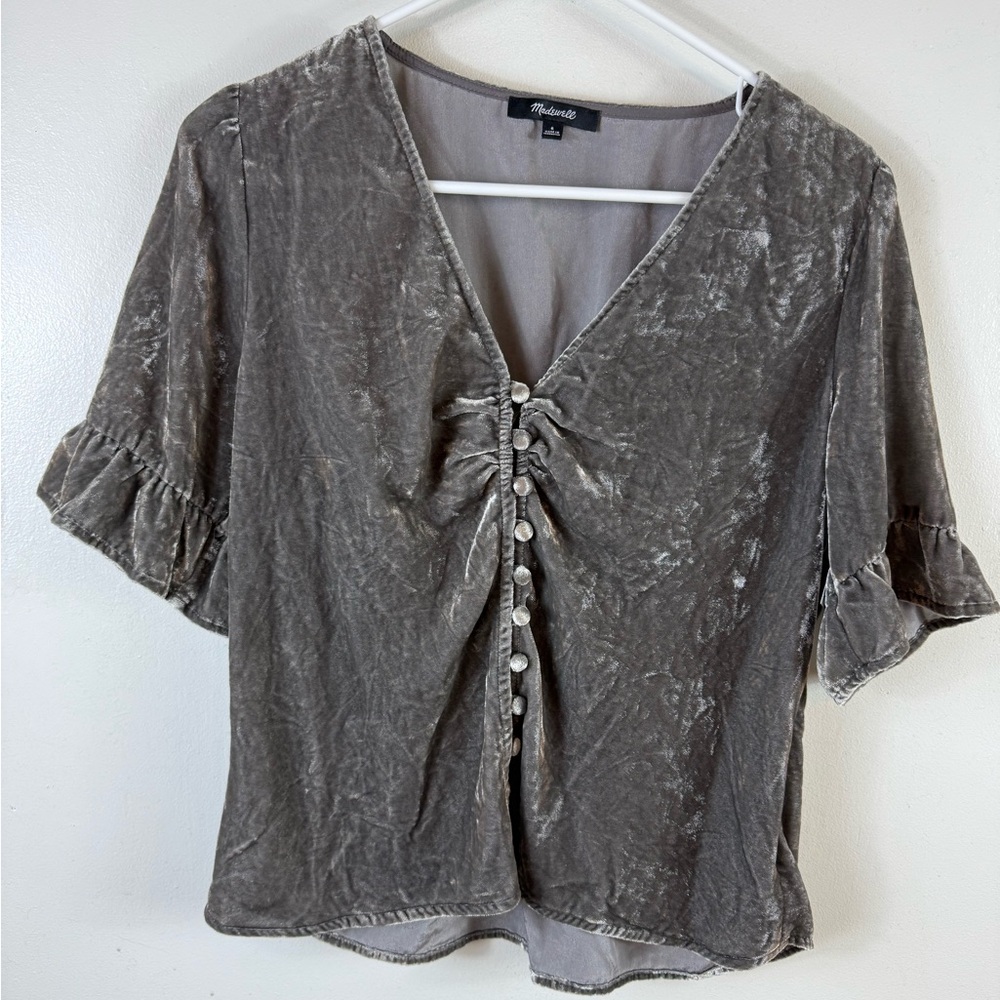 Madewell Crushed Velvet Size 6 Gray Button‎ Up Ruffle Sleeve Holiday